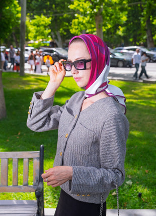 Women's Pure Silk Hijab | Pure Silk Scarf | White Purple |  90 x 90 cm | Sweet Sultan |Amethyst Lustre