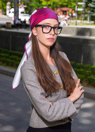 Women's Pure Silk Hijab | Pure Silk Scarf | White Purple |  90 x 90 cm | Sweet Sultan |Amethyst Lustre